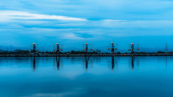 Vietnam salt farm, salt workers, conical hats, blue hour reflections, salt harvest, bamboo yokes, cultural labor, coastal industry, Southeast Asia, documentary travel, fine art seascape