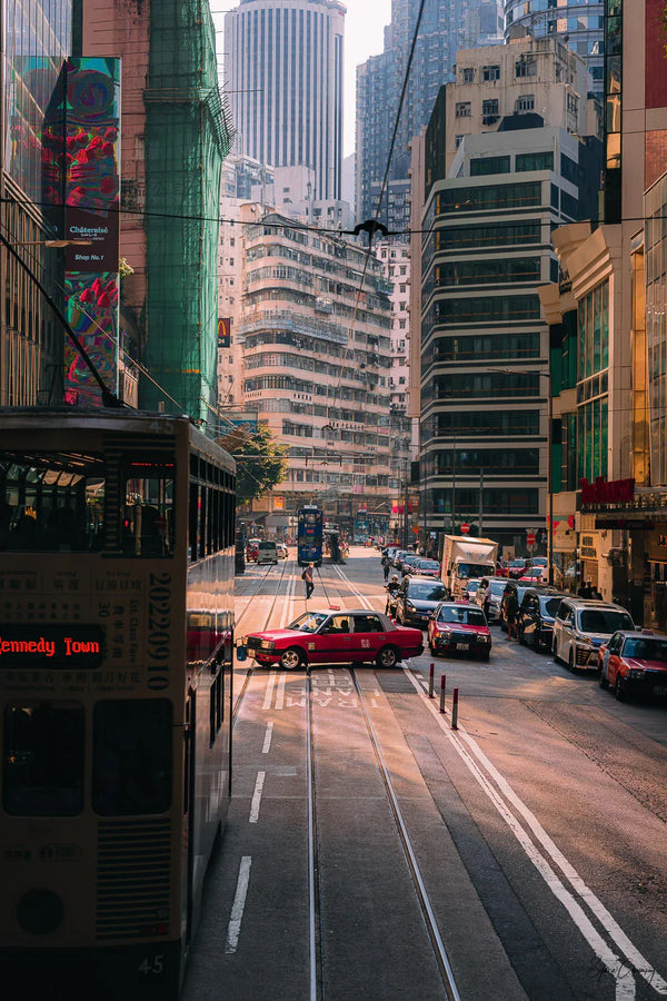 Street Photography shot of 3 main transportation modes aligned in Wanchai, Hong Kong.  Fine Art Limited Edition of 28. Photo © Copyright by Sylvère Clerempuy.