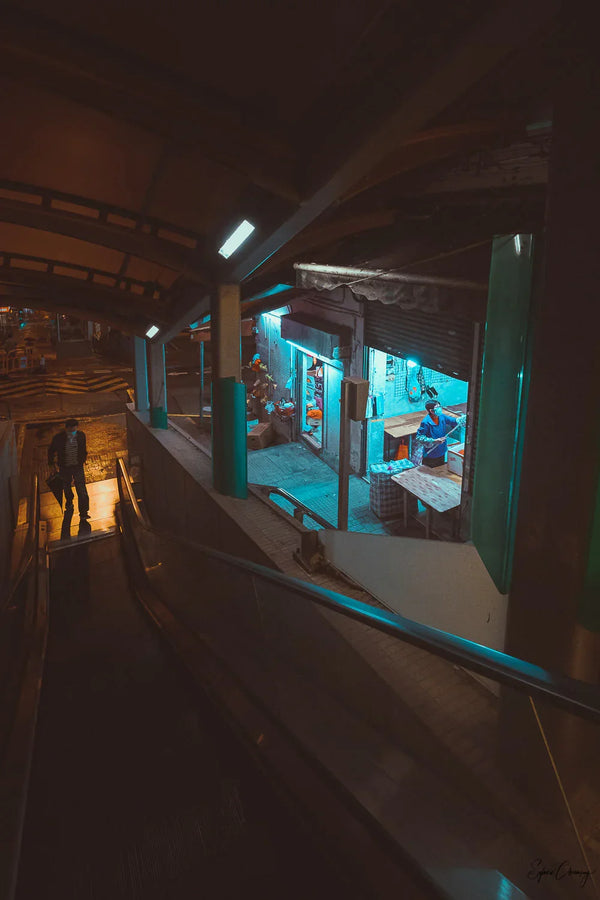 Night Street scene at Sai Ying Pun, Hong Kong, China.  Fine Art Limited Edition of 28. Photo © Copyright by Sylvère Clerempuy