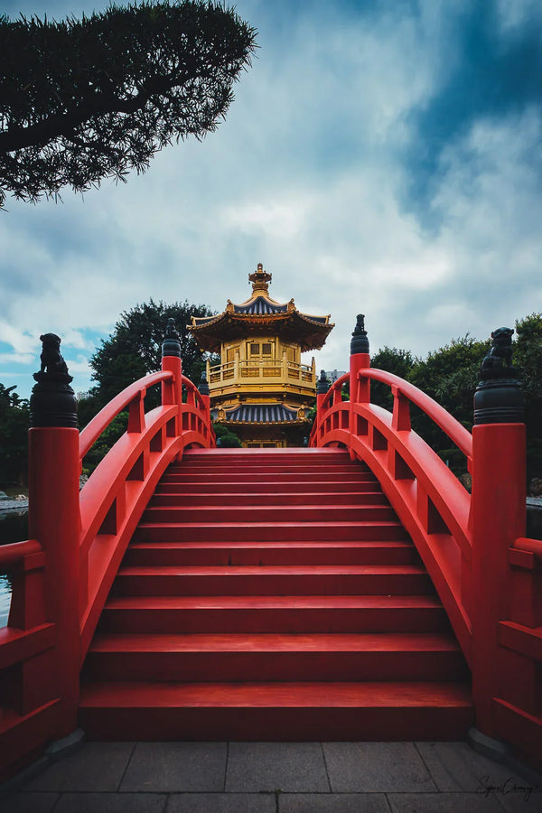 The red bridge leading to the golden pavillion of Nan Lian Garden in Diamond Hill, Hong Kong, China.  Fine Art Limited Edition of 28. Photo © Copyright by Sylvère Clerempuy.