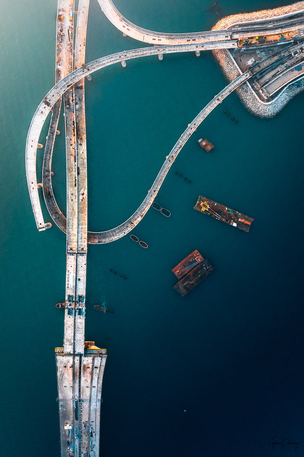 Top down shot of the TKO bridge during its construction, Tseung Kwan O, Hong Kong, China  Fine Art Limited Edition of 28. Photo © Copyright by Sylvère Clerempuy