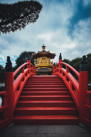 The red bridge leading to the golden pavillion of Nan Lian Garden in Diamond Hill, Hong Kong, China.  Fine Art Limited Edition of 28. Photo © Copyright by Sylvère Clerempuy.
