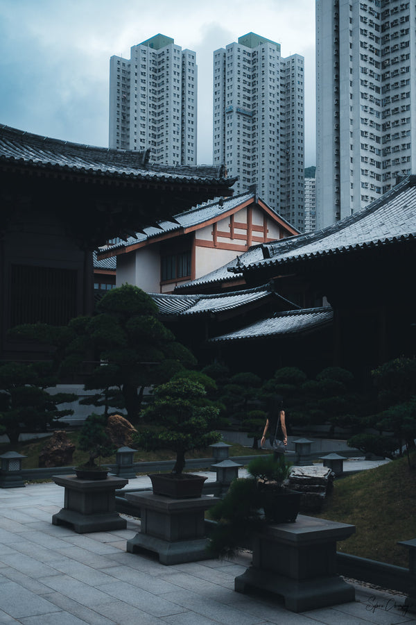 Shot displaying the contrast between urban and zen in Chi Lin Nunnery located at Diamond Hill, Hong Kong, China.  Fine Art Limited Edition of 28. Photo © Copyright by Sylvère Clerempuy.