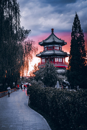 Dreamy Sunset over Houhai's Drum tower in Beijing China.  Fine Art Limited Edition of 28. Photo © Copyright by Sylvère Clerempuy.