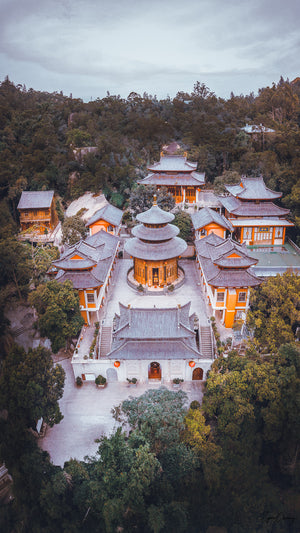 Bird View of a typical asian temple lost in the forest in Xiamen, China.  Fine Art Limited Edition of 28. Photo © Copyright by Sylvère Clerempuy.